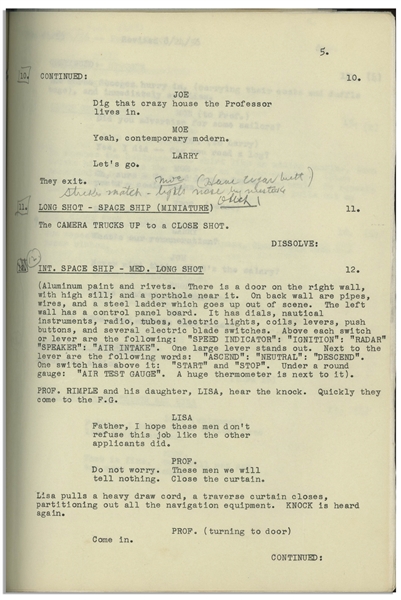 Moe Howard's 24pp. Script Dated August 1956 for The Three Stooges Film ''Space Ship Sappy'' -- With Moe's Annotations & Signatures & Additional 12pp. Script Changes, Shot List & Schedule -- Very Good